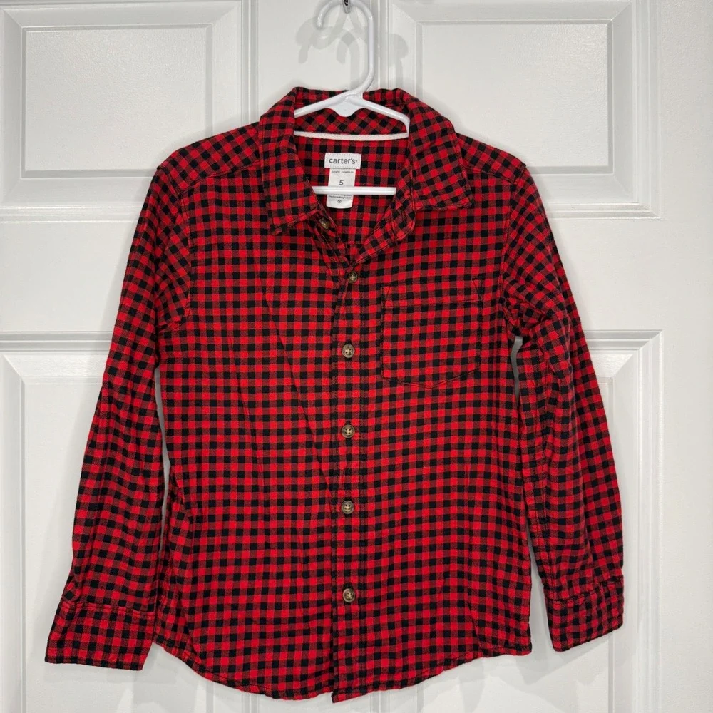 Carters Boys Red Black Buffalo Plaid‎ Button Down Flannel Shirt Size 5